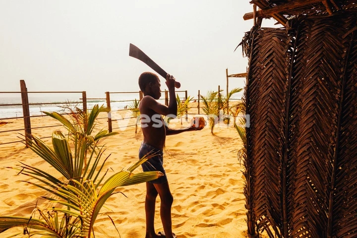 Jeune garçon ouvrant une noix de coco sur la plage ivoirienne